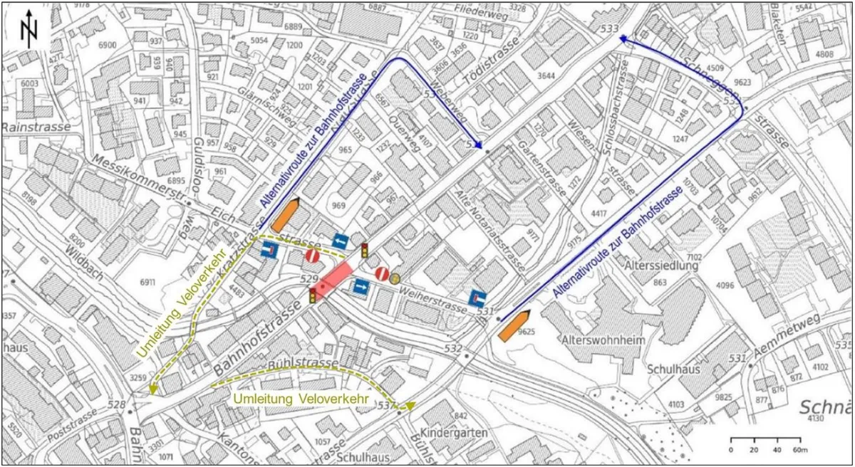 Eine Karte mit den Umleitungen aufgrund der Strassensperrung in Wetzikon.